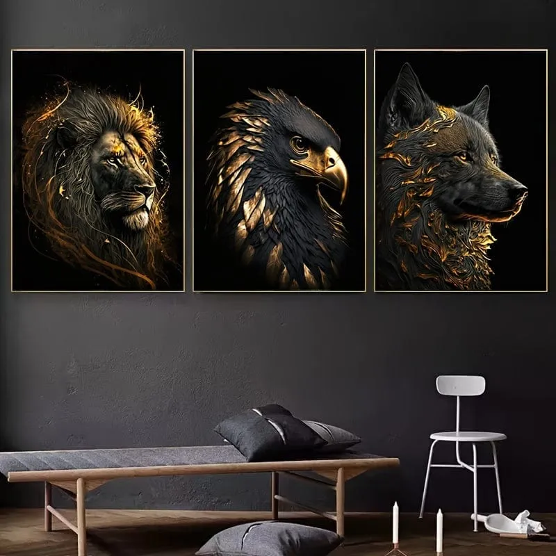 3 Stück ungerahmte Leinwandposter, moderne Kunst, abstrakte Kunstmalerei „Der goldene Löwe und der Adler“, ideales Geschenk für Schlafzimmer, Wohnzimmer, Flur, Wandkunst, Wanddekoration, Winterdekoration, Raumdekoration