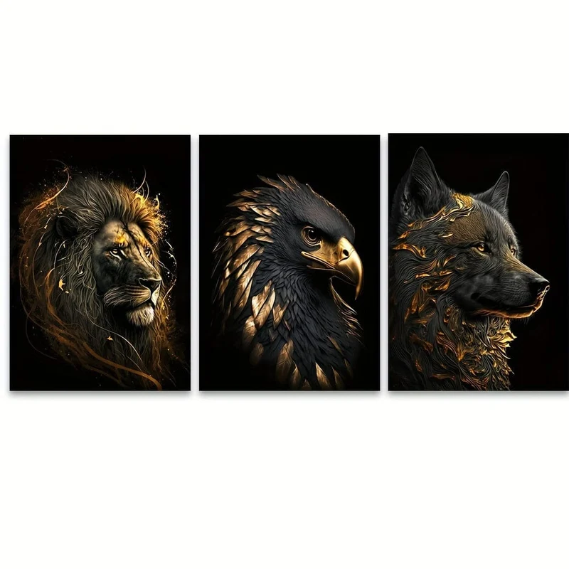 3 Stück ungerahmte Leinwandposter, moderne Kunst, abstrakte Kunstmalerei „Der goldene Löwe und der Adler“, ideales Geschenk für Schlafzimmer, Wohnzimmer, Flur, Wandkunst, Wanddekoration, Winterdekoration, Raumdekoration