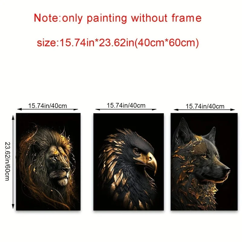 3 Stück ungerahmte Leinwandposter, moderne Kunst, abstrakte Kunstmalerei „Der goldene Löwe und der Adler“, ideales Geschenk für Schlafzimmer, Wohnzimmer, Flur, Wandkunst, Wanddekoration, Winterdekoration, Raumdekoration