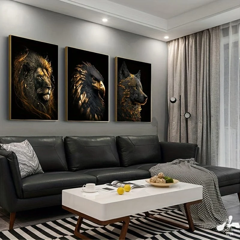 3 Stück ungerahmte Leinwandposter, moderne Kunst, abstrakte Kunstmalerei „Der goldene Löwe und der Adler“, ideales Geschenk für Schlafzimmer, Wohnzimmer, Flur, Wandkunst, Wanddekoration, Winterdekoration, Raumdekoration