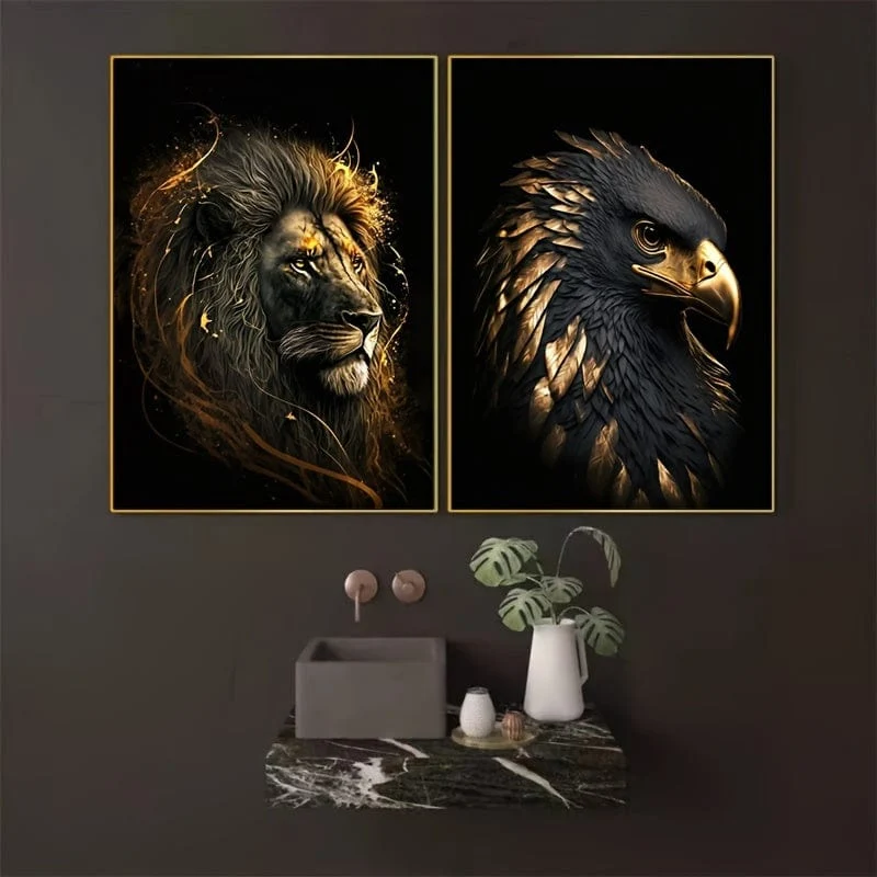 3 Stück ungerahmte Leinwandposter, moderne Kunst, abstrakte Kunstmalerei „Der goldene Löwe und der Adler“, ideales Geschenk für Schlafzimmer, Wohnzimmer, Flur, Wandkunst, Wanddekoration, Winterdekoration, Raumdekoration