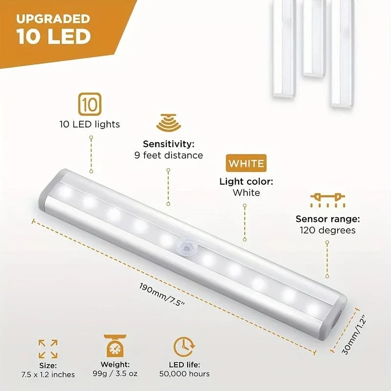 3er-Pack Unterschrankleuchte, kabelloses LED-Licht mit Bewegungssensor, für Speisekammer, Schrank, Küche, Badezimmer, batteriebetriebene magnetische Schrankleuchte mit automatischer Abschaltung, Tageslichtsensor