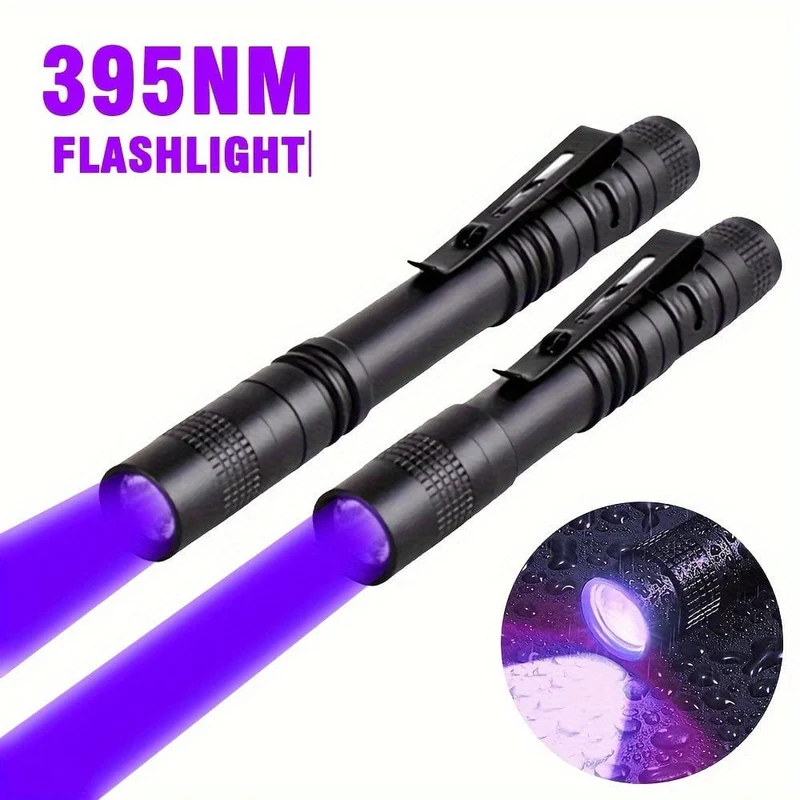 1/2 Stück 395 nm UV-Schwarzlicht-Taschenlampe, kleine tragbare Taschen-Stiftlichter für Leckagen, Haustierurin, Hotelinspektion, Trockenflecken- und Farbstoffdetektor, ultraviolette unsichtbare Tintenfackel, Erz-Geldskorpion-Erkennungslampe