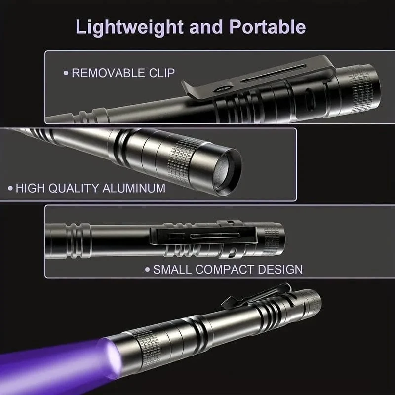 1/2 Stück 395 nm UV-Schwarzlicht-Taschenlampe, kleine tragbare Taschen-Stiftlichter für Leckagen, Haustierurin, Hotelinspektion, Trockenflecken- und Farbstoffdetektor, ultraviolette unsichtbare Tintenfackel, Erz-Geldskorpion-Erkennungslampe