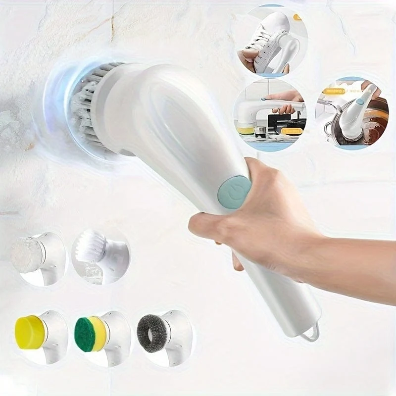 1 Set, elektrischer Schleuderschrubber mit 5 austauschbaren Bürstenköpfen, kabellose elektrische Reinigungsbürste, wiederaufladbarer Hand-Duschschrubber, für Badezimmer, Küche, Badewanne, Fliesen, Dusche, Reinigungsmittel