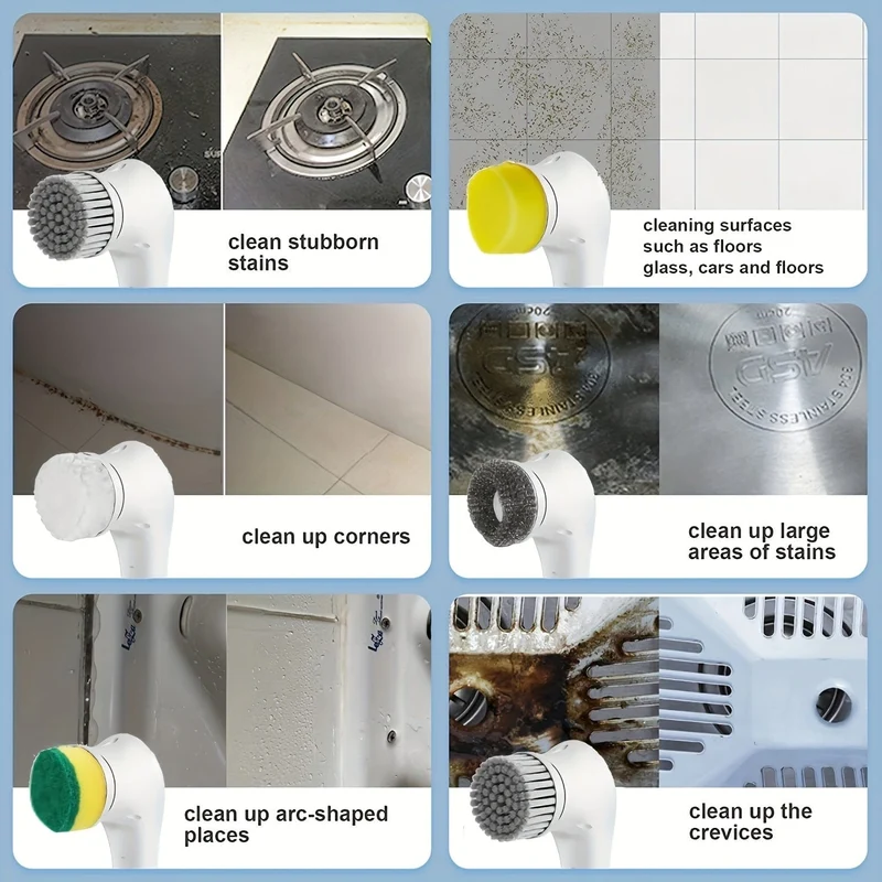 1 Set, elektrischer Schleuderschrubber mit 5 austauschbaren Bürstenköpfen, kabellose elektrische Reinigungsbürste, wiederaufladbarer Hand-Duschschrubber, für Badezimmer, Küche, Badewanne, Fliesen, Dusche, Reinigungsmittel