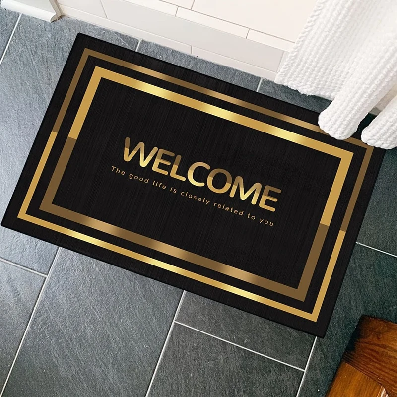 1 Stück schmutzabweisende Willkommens-Fußmatte, goldene, moderne, niedrige Flor-Innen- und Außen-Eingangsmatte für stark frequentierte Bereiche, saugfähige Badematte, geeignet für Wohnzimmer, Schlafzimmer, Badezimmer, Küche, Balkon, Terrasse, Teppich