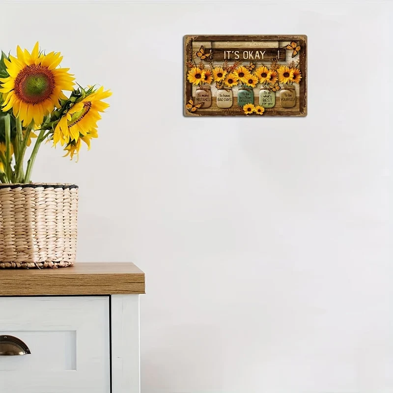 Metallblechschild mit Sonnenblumen- und Schmetterlingsmotiv, Vintage-Stil, Dekorationsschild für Zuhause, Zimmer, Restaurant, Bar, Café, Garage, Wanddekoration, wasserdicht, staubdicht