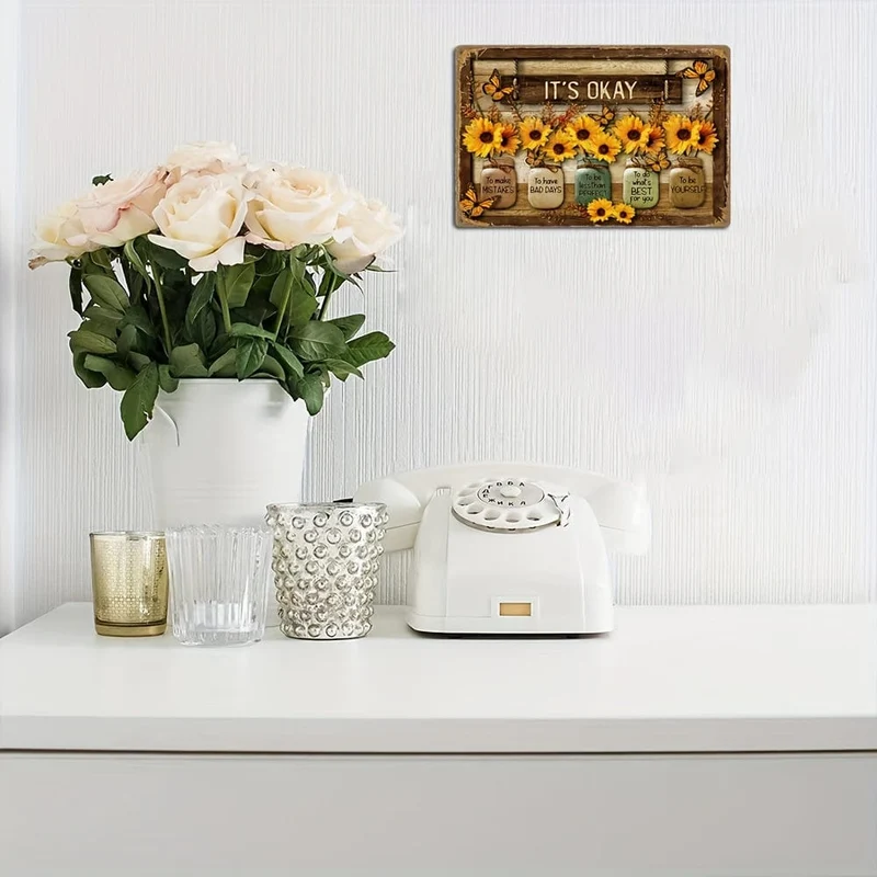 Metallblechschild mit Sonnenblumen- und Schmetterlingsmotiv, Vintage-Stil, Dekorationsschild für Zuhause, Zimmer, Restaurant, Bar, Café, Garage, Wanddekoration, wasserdicht, staubdicht
