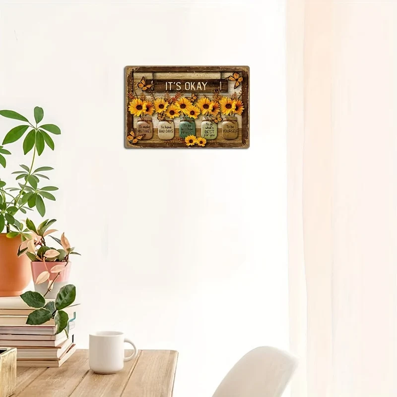 Metallblechschild mit Sonnenblumen- und Schmetterlingsmotiv, Vintage-Stil, Dekorationsschild für Zuhause, Zimmer, Restaurant, Bar, Café, Garage, Wanddekoration, wasserdicht, staubdicht