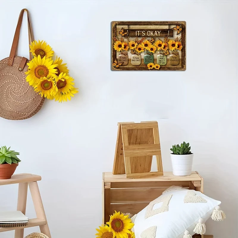 Metallblechschild mit Sonnenblumen- und Schmetterlingsmotiv, Vintage-Stil, Dekorationsschild für Zuhause, Zimmer, Restaurant, Bar, Café, Garage, Wanddekoration, wasserdicht, staubdicht