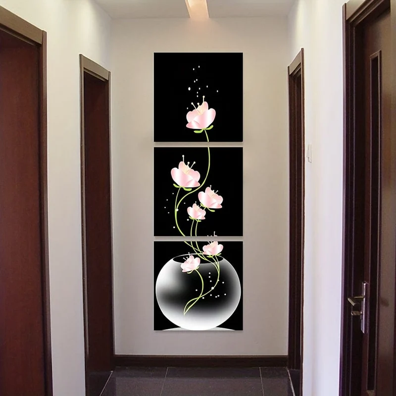 3-teiliges quadratisches Leinwandbild mit rosa Blumenmotiv, Wandkunst, Bild für Wohnzimmer, Eingang, Heimdekoration, ohne Rahmen