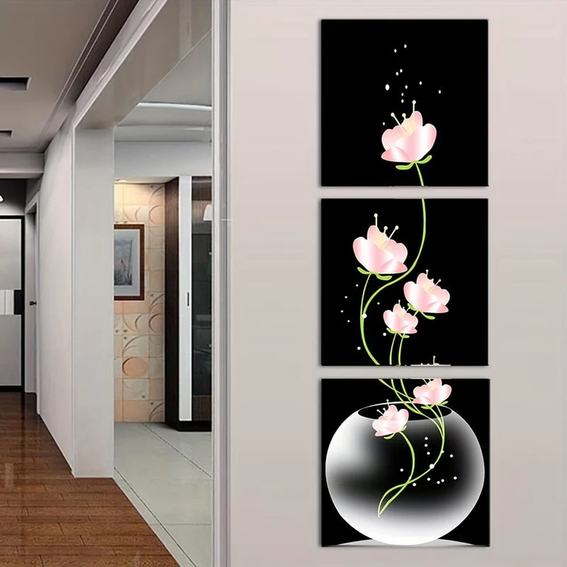 3-teiliges quadratisches Leinwandbild mit rosa Blumenmotiv, Wandkunst, Bild für Wohnzimmer, Eingang, Heimdekoration, ohne Rahmen