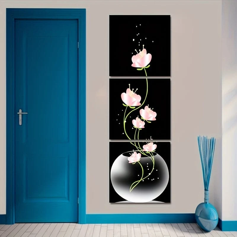 3-teiliges quadratisches Leinwandbild mit rosa Blumenmotiv, Wandkunst, Bild für Wohnzimmer, Eingang, Heimdekoration, ohne Rahmen