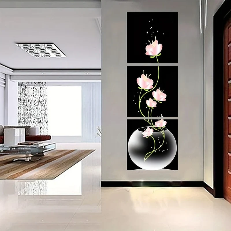 3-teiliges quadratisches Leinwandbild mit rosa Blumenmotiv, Wandkunst, Bild für Wohnzimmer, Eingang, Heimdekoration, ohne Rahmen