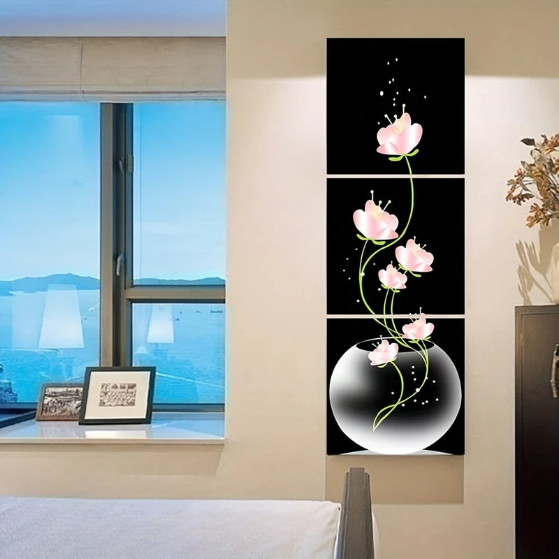 3-teiliges quadratisches Leinwandbild mit rosa Blumenmotiv, Wandkunst, Bild für Wohnzimmer, Eingang, Heimdekoration, ohne Rahmen