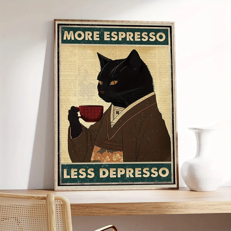 1 ungerahmtes Leinwandposter, Retro-Kunst, Vintage-Poster mit schwarzer Katze und Kaffee, „More Espresso Less Depresso“-Leinwanddruck, ideales Geschenk für Schlafzimmer, Wohnzimmer, Flur, Wandkunst, Wanddekoration, Winterdeko, Raumdekoration