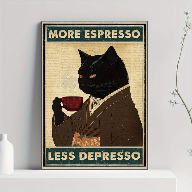 1 ungerahmtes Leinwandposter, Retro-Kunst, Vintage-Poster mit schwarzer Katze und Kaffee, „More Espresso Less Depresso“-Leinwanddruck, ideales Geschenk für Schlafzimmer, Wohnzimmer, Flur, Wandkunst, Wanddekoration, Winterdeko, Raumdekoration