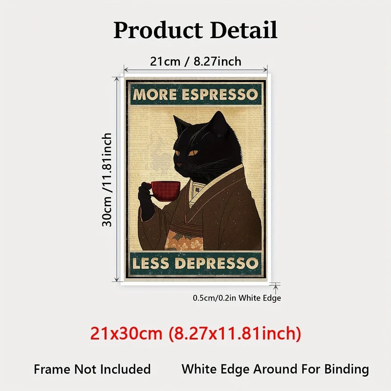 1 ungerahmtes Leinwandposter, Retro-Kunst, Vintage-Poster mit schwarzer Katze und Kaffee, „More Espresso Less Depresso“-Leinwanddruck, ideales Geschenk für Schlafzimmer, Wohnzimmer, Flur, Wandkunst, Wanddekoration, Winterdeko, Raumdekoration