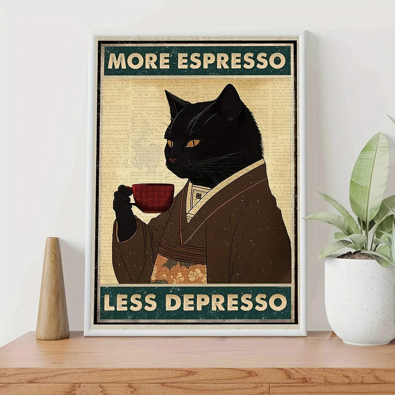 1 ungerahmtes Leinwandposter, Retro-Kunst, Vintage-Poster mit schwarzer Katze und Kaffee, „More Espresso Less Depresso“-Leinwanddruck, ideales Geschenk für Schlafzimmer, Wohnzimmer, Flur, Wandkunst, Wanddekoration, Winterdeko, Raumdekoration