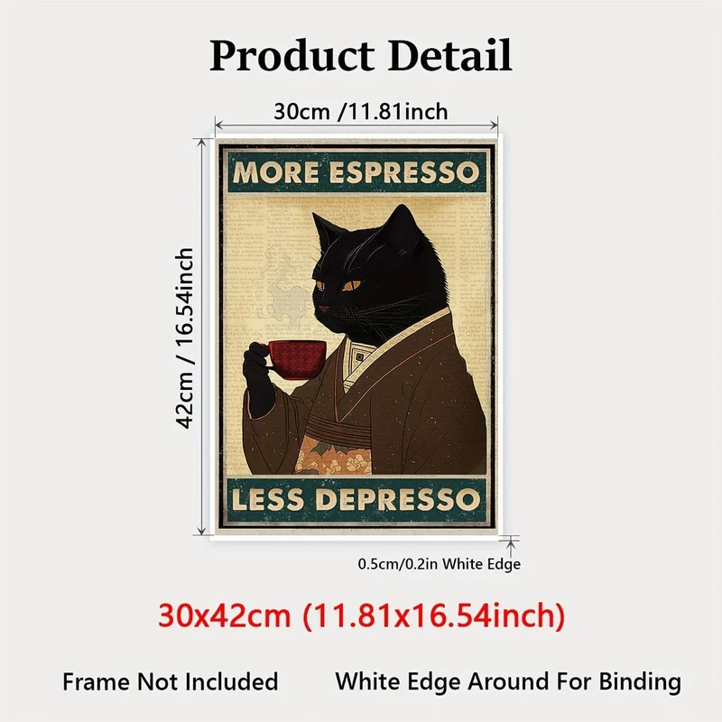 1 ungerahmtes Leinwandposter, Retro-Kunst, Vintage-Poster mit schwarzer Katze und Kaffee, „More Espresso Less Depresso“-Leinwanddruck, ideales Geschenk für Schlafzimmer, Wohnzimmer, Flur, Wandkunst, Wanddekoration, Winterdeko, Raumdekoration