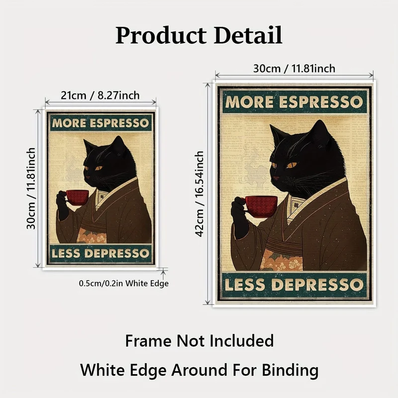 1 ungerahmtes Leinwandposter, Retro-Kunst, Vintage-Poster mit schwarzer Katze und Kaffee, „More Espresso Less Depresso“-Leinwanddruck, ideales Geschenk für Schlafzimmer, Wohnzimmer, Flur, Wandkunst, Wanddekoration, Winterdeko, Raumdekoration