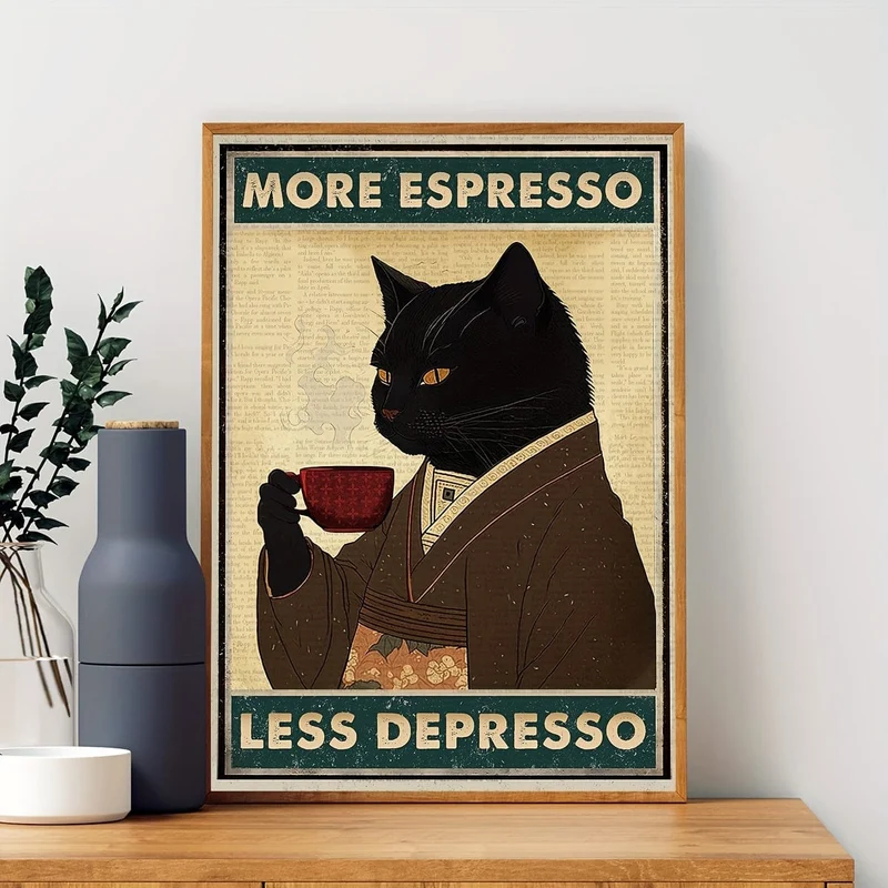 1 ungerahmtes Leinwandposter, Retro-Kunst, Vintage-Poster mit schwarzer Katze und Kaffee, „More Espresso Less Depresso“-Leinwanddruck, ideales Geschenk für Schlafzimmer, Wohnzimmer, Flur, Wandkunst, Wanddekoration, Winterdeko, Raumdekoration