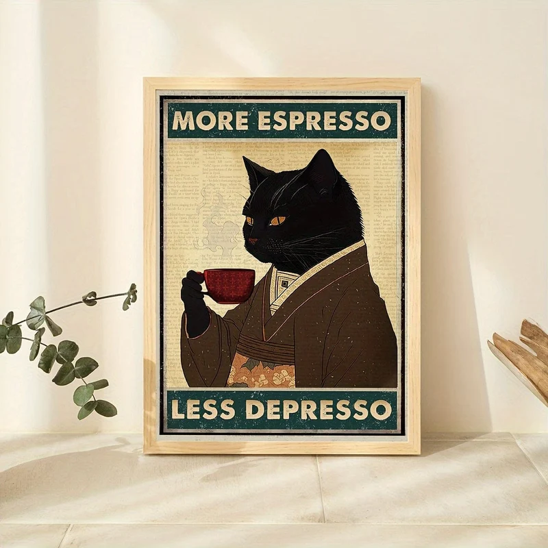 1 ungerahmtes Leinwandposter, Retro-Kunst, Vintage-Poster mit schwarzer Katze und Kaffee, „More Espresso Less Depresso“-Leinwanddruck, ideales Geschenk für Schlafzimmer, Wohnzimmer, Flur, Wandkunst, Wanddekoration, Winterdeko, Raumdekoration