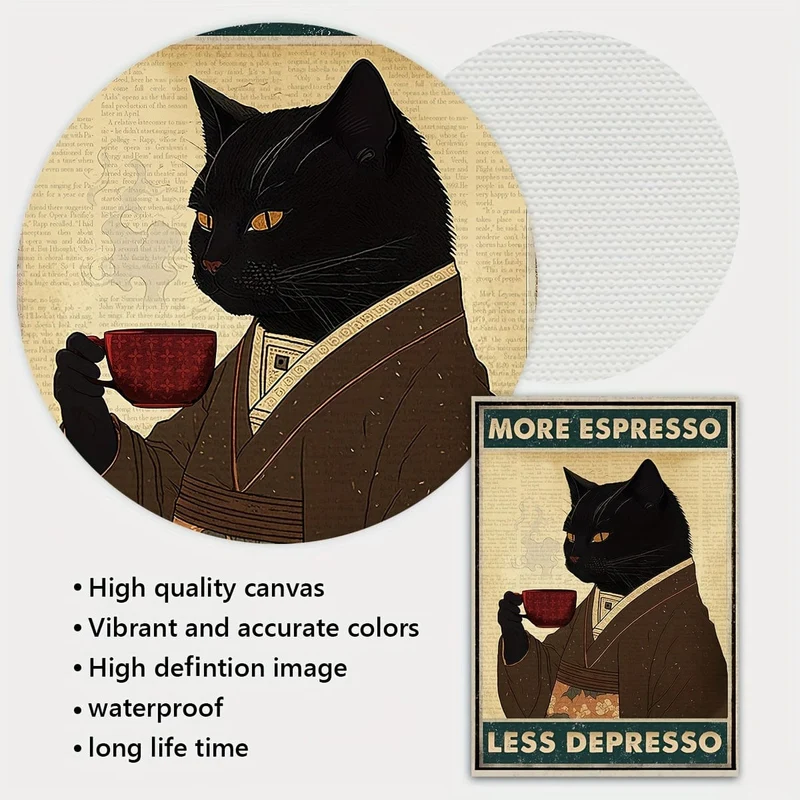 1 ungerahmtes Leinwandposter, Retro-Kunst, Vintage-Poster mit schwarzer Katze und Kaffee, „More Espresso Less Depresso“-Leinwanddruck, ideales Geschenk für Schlafzimmer, Wohnzimmer, Flur, Wandkunst, Wanddekoration, Winterdeko, Raumdekoration