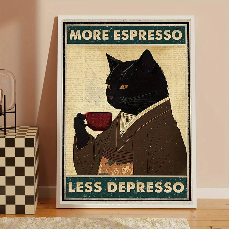 1 ungerahmtes Leinwandposter, Retro-Kunst, Vintage-Poster mit schwarzer Katze und Kaffee, „More Espresso Less Depresso“-Leinwanddruck, ideales Geschenk für Schlafzimmer, Wohnzimmer, Flur, Wandkunst, Wanddekoration, Winterdeko, Raumdekoration