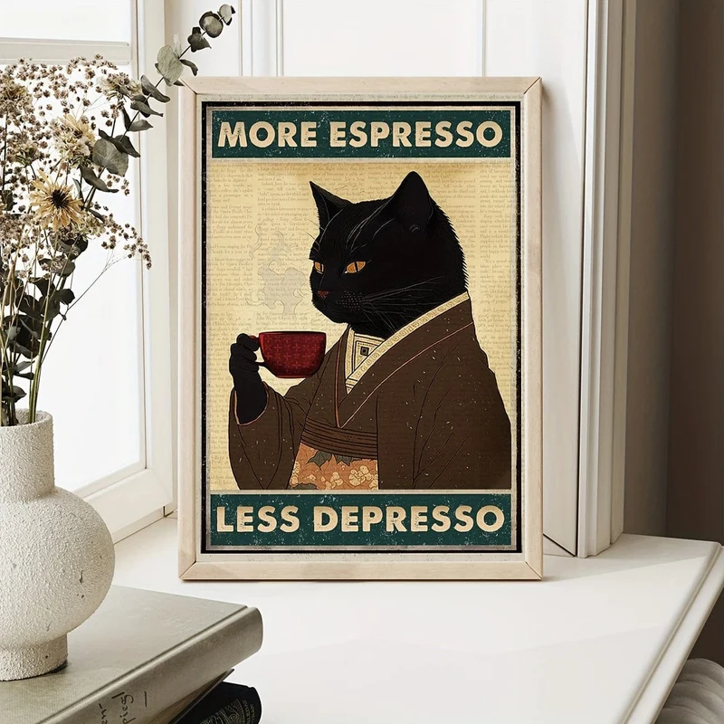 1 ungerahmtes Leinwandposter, Retro-Kunst, Vintage-Poster mit schwarzer Katze und Kaffee, „More Espresso Less Depresso“-Leinwanddruck, ideales Geschenk für Schlafzimmer, Wohnzimmer, Flur, Wandkunst, Wanddekoration, Winterdeko, Raumdekoration