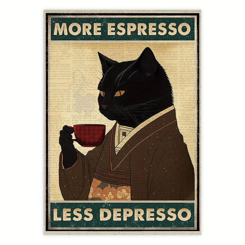 1 ungerahmtes Leinwandposter, Retro-Kunst, Vintage-Poster mit schwarzer Katze und Kaffee, „More Espresso Less Depresso“-Leinwanddruck, ideales Geschenk für Schlafzimmer, Wohnzimmer, Flur, Wandkunst, Wanddekoration, Winterdeko, Raumdekoration