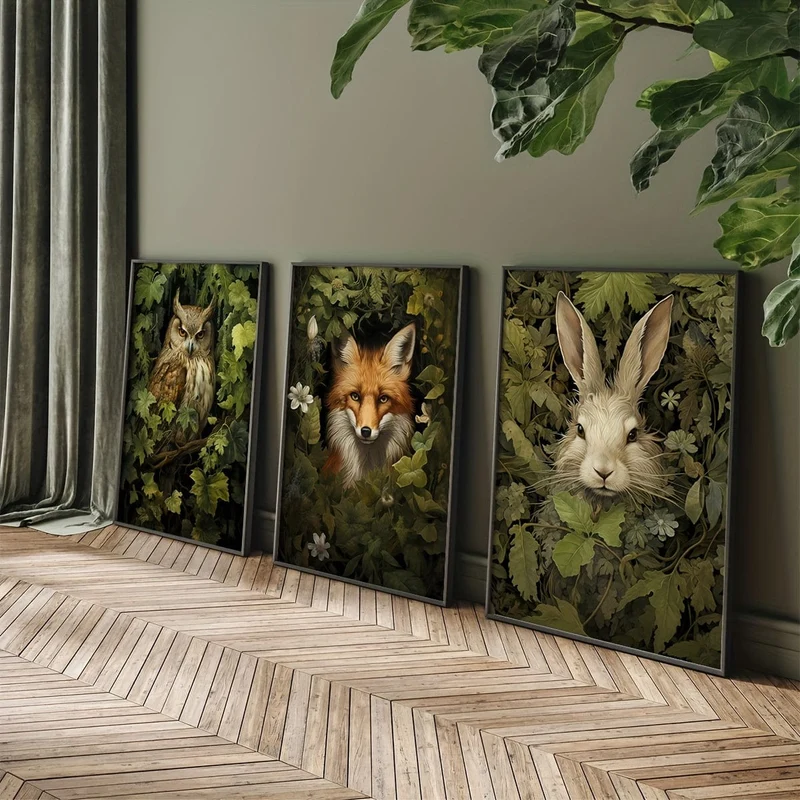 3-teiliges/Set ungerahmtes Leinwandposter, Retro-Kunst, magische Waldtier-Wandkunst, Waldhexen-Wandkunst, Waldtier-Poster, ideales Geschenk für Schlafzimmer, Wohnzimmer, Flur, Wandkunst, Wanddekoration, Winterdekor, Raumdekoration
