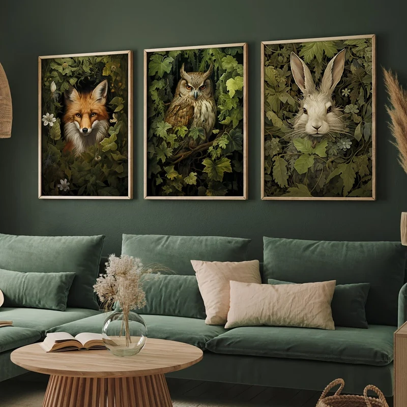 3-teiliges/Set ungerahmtes Leinwandposter, Retro-Kunst, magische Waldtier-Wandkunst, Waldhexen-Wandkunst, Waldtier-Poster, ideales Geschenk für Schlafzimmer, Wohnzimmer, Flur, Wandkunst, Wanddekoration, Winterdekor, Raumdekoration