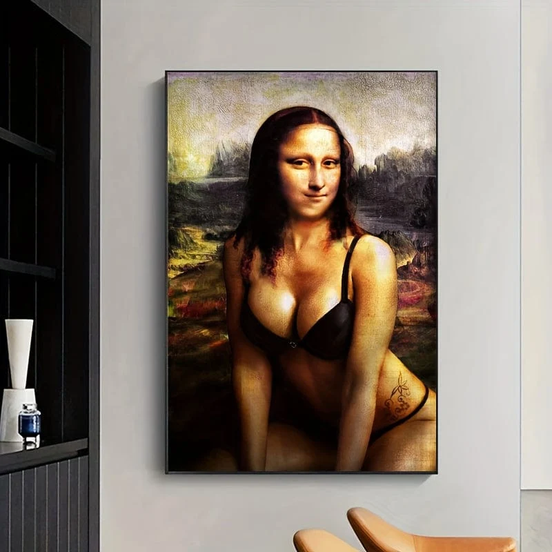 1 Stück ungerahmtes Leinwandposter, moderne Kunst, lustiges Mona Lisa-Poster, ideales Geschenk für Schlafzimmer, Wohnzimmer, Flur, Wandkunst, Wanddekoration, Winterdeko, Raumdekoration
