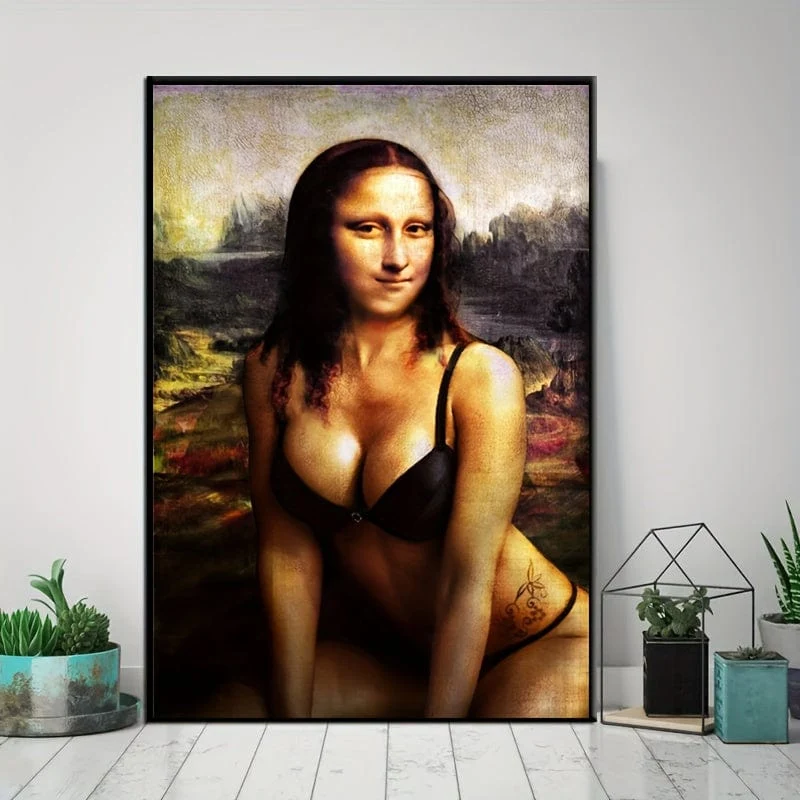 1 Stück ungerahmtes Leinwandposter, moderne Kunst, lustiges Mona Lisa-Poster, ideales Geschenk für Schlafzimmer, Wohnzimmer, Flur, Wandkunst, Wanddekoration, Winterdeko, Raumdekoration