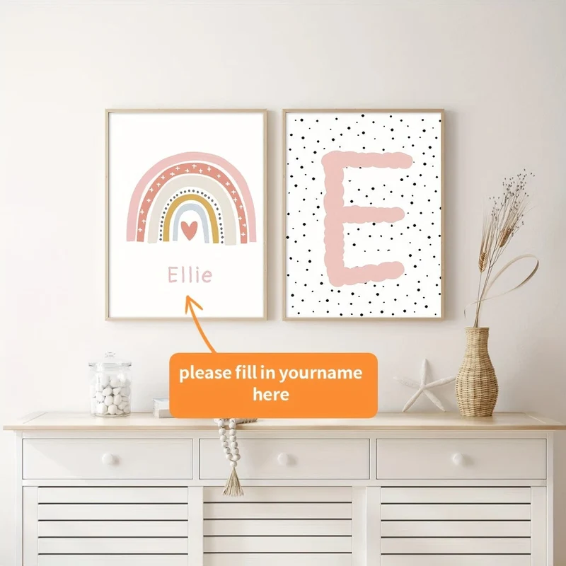 2-teiliges Set ungerahmte personalisierte Namensposter auf Leinwand, Wandkunst, süßes Regenbogen-Namensposter für die Inneneinrichtung, Leinwanddrucke für Wohnzimmer, Schlafzimmer, Küchendekor, Geburtstagsgeschenk und Dekoration