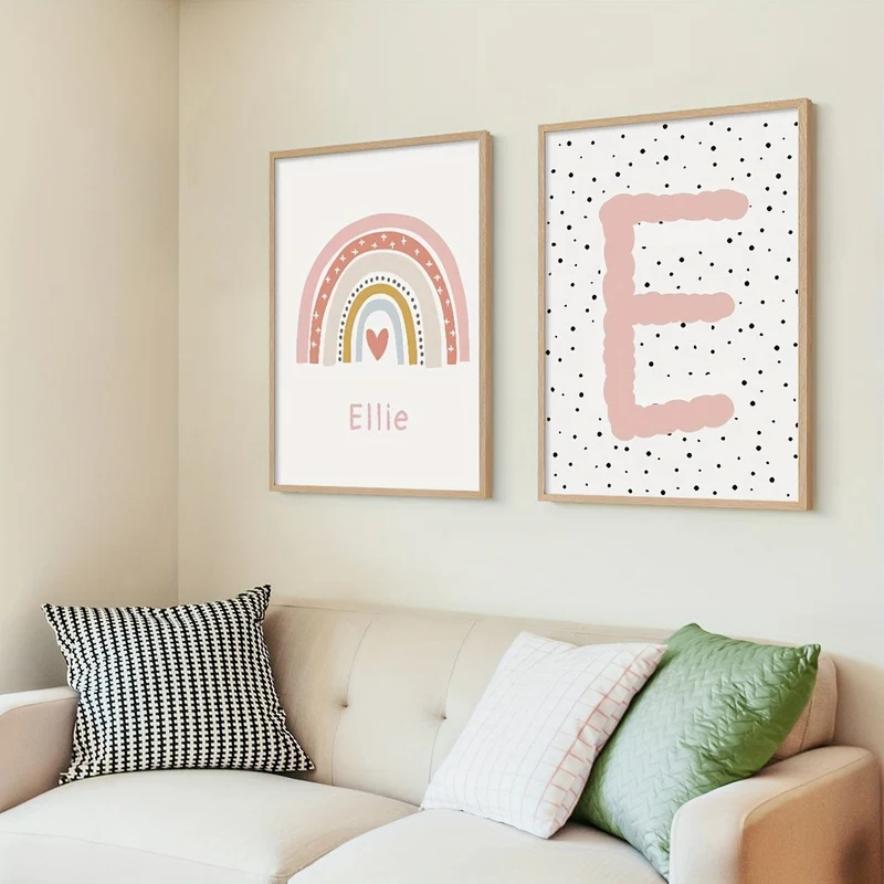 2-teiliges Set ungerahmte personalisierte Namensposter auf Leinwand, Wandkunst, süßes Regenbogen-Namensposter für die Inneneinrichtung, Leinwanddrucke für Wohnzimmer, Schlafzimmer, Küchendekor, Geburtstagsgeschenk und Dekoration