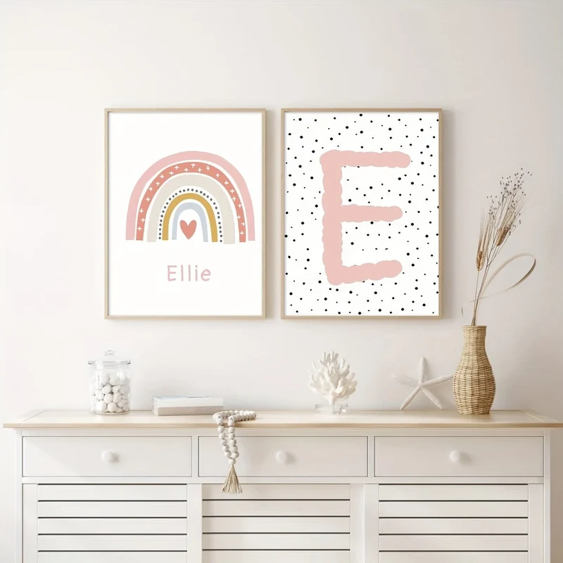 2-teiliges Set ungerahmte personalisierte Namensposter auf Leinwand, Wandkunst, süßes Regenbogen-Namensposter für die Inneneinrichtung, Leinwanddrucke für Wohnzimmer, Schlafzimmer, Küchendekor, Geburtstagsgeschenk und Dekoration