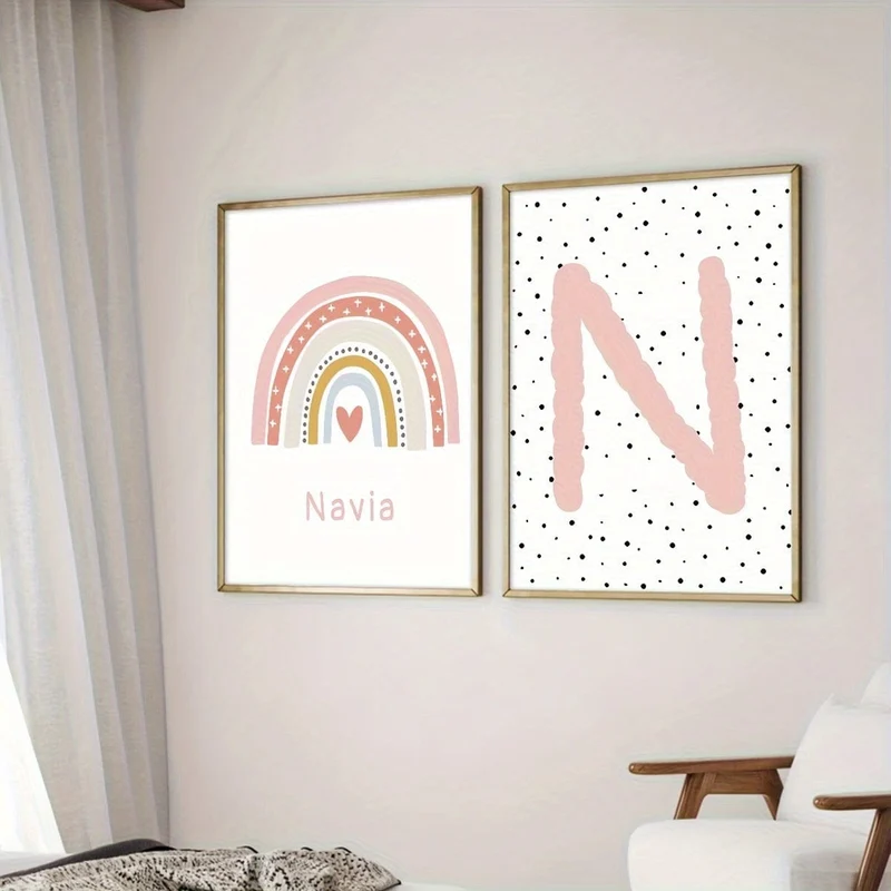 2-teiliges Set ungerahmte personalisierte Namensposter auf Leinwand, Wandkunst, süßes Regenbogen-Namensposter für die Inneneinrichtung, Leinwanddrucke für Wohnzimmer, Schlafzimmer, Küchendekor, Geburtstagsgeschenk und Dekoration