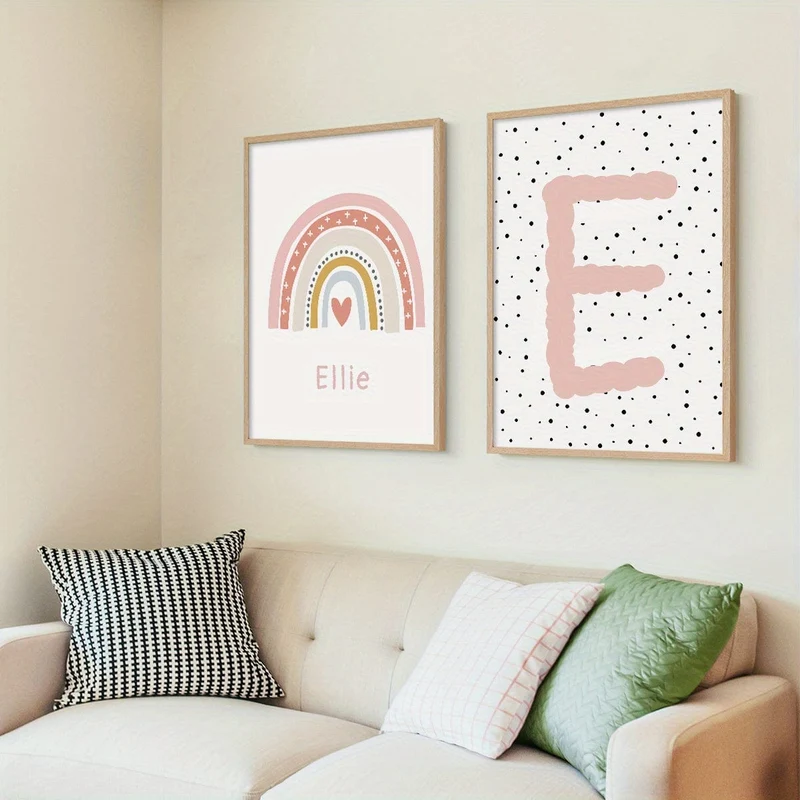 2-teiliges Set ungerahmte personalisierte Namensposter auf Leinwand, Wandkunst, süßes Regenbogen-Namensposter für die Inneneinrichtung, Leinwanddrucke für Wohnzimmer, Schlafzimmer, Küchendekor, Geburtstagsgeschenk und Dekoration