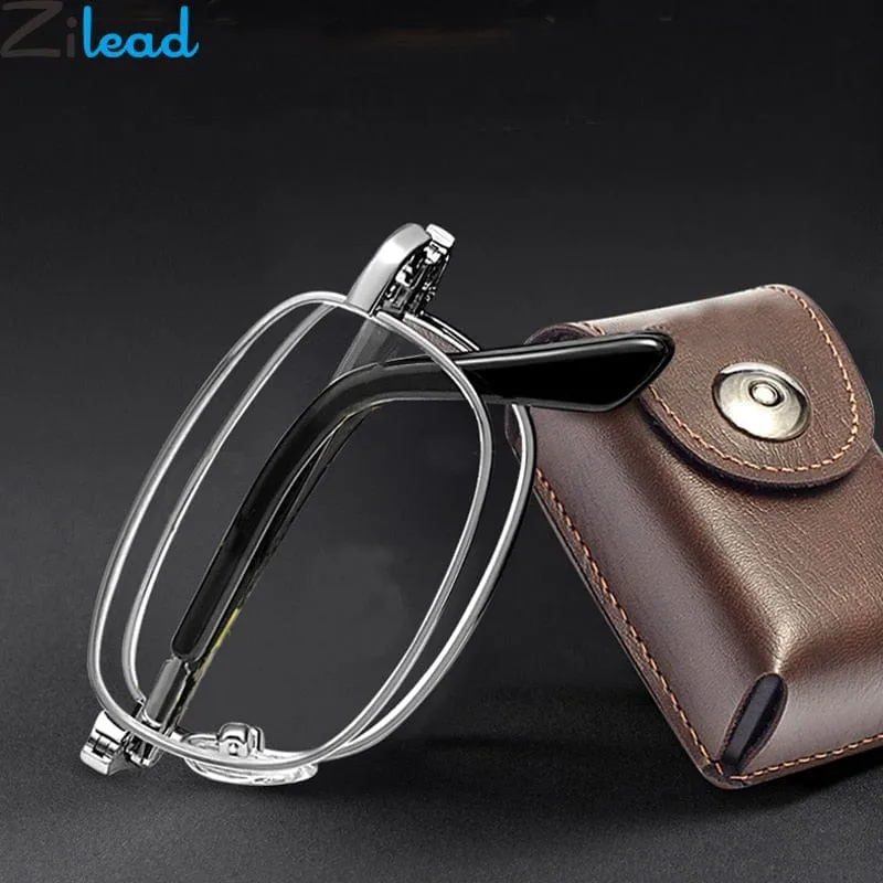 Zilead tragbare faltbare Lesebrille aus Metall, ultraleichte Herren-Business-Presbyopie-Brille mit zufälligem Fall +0.5 bis +4.0