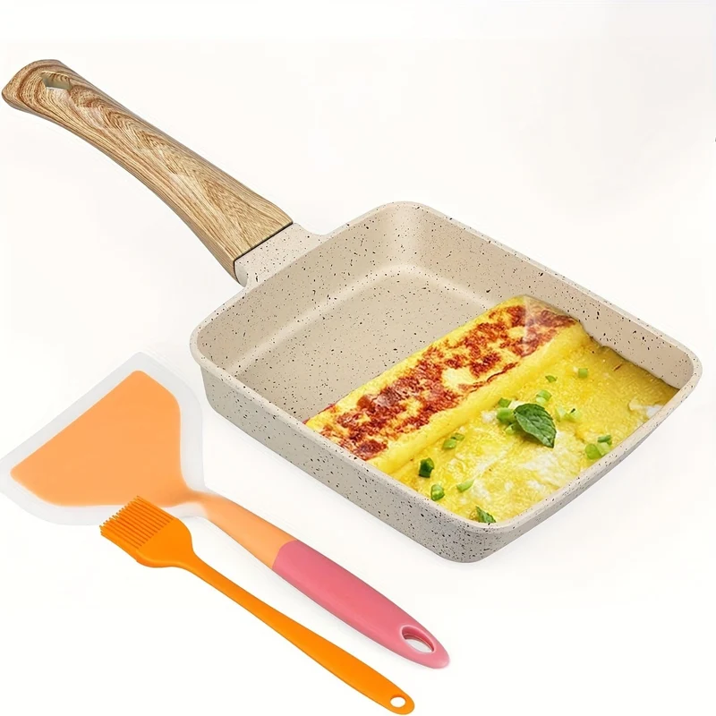 1 Satz japanische Bratpfanne, Tamagoyaki-Bratpfanne, rechteckige Tamagoyaki-Bratpfanne, japanische rechteckige Bratpfanne, antihaftbeschichtete Bratpfanne mit Silikonspatel und Ölpinsel