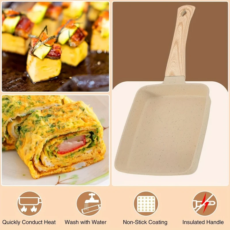 1 Satz japanische Bratpfanne, Tamagoyaki-Bratpfanne, rechteckige Tamagoyaki-Bratpfanne, japanische rechteckige Bratpfanne, antihaftbeschichtete Bratpfanne mit Silikonspatel und Ölpinsel