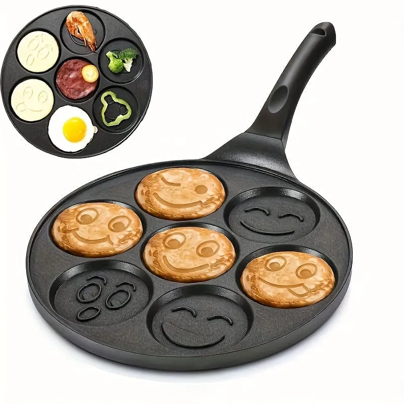 1 Stück Mini-Pfannkuchen-Grillplatte, Mini-Pfannkuchenpfanne, Pfannkuchenpfanne mit Smiley-Gesicht, Pfannkuchenmaker mit 7 Formen, Kochgeschirr, Küchengeschirr, Küchenbedarf, Küchenartikel