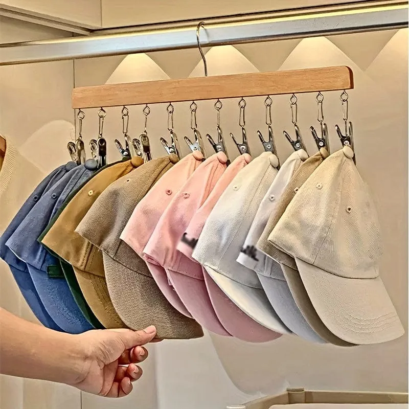 1 Stück Hutaufhänger aus Holz mit 12 Clips, Wäscheständer für Unterwäsche, Krawatten, Unterhemden, Schals, Gürtel, Aufbewahrungsorganisator für den Haushalt für Badezimmer, Schlafzimmer, Schrank, Kleiderschrank, Zuhause, Wohnheim
