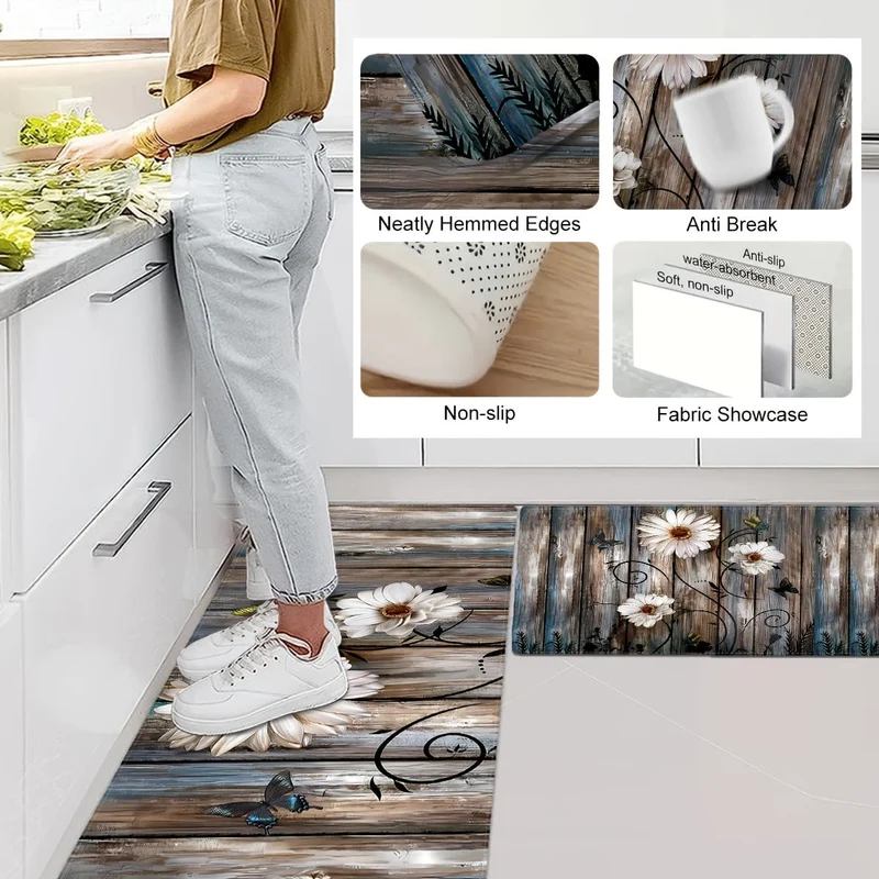 1 Stück Küchenmatte mit Gänseblümchenmuster, gestreifter und Schmetterlings-Druckteppich, rutschfester, schmutzabweisender Teppich, für Waschküche, Badezimmer, Esstisch, Heimdekoration, Innendekoration, Raumzubehör, Duschzubehör