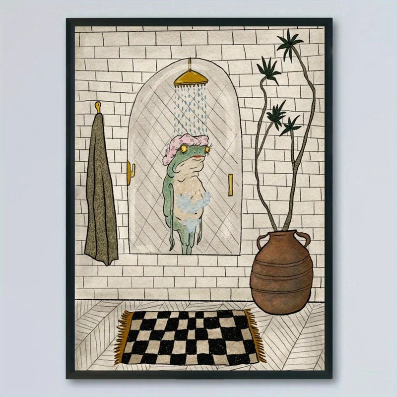 1 Stück Leinwand-Poster, Badezimmer-Leinwand-Poster, Retro-Kunst, Badefrosch-Poster, Wandkunst für Wohnzimmer, Wanddekoration für Schlafzimmer, Heimdekoration, ungerahmt