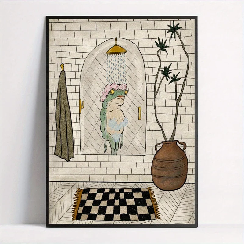 1 Stück Leinwand-Poster, Badezimmer-Leinwand-Poster, Retro-Kunst, Badefrosch-Poster, Wandkunst für Wohnzimmer, Wanddekoration für Schlafzimmer, Heimdekoration, ungerahmt