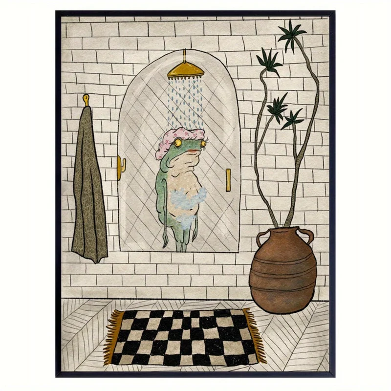 1 Stück Leinwand-Poster, Badezimmer-Leinwand-Poster, Retro-Kunst, Badefrosch-Poster, Wandkunst für Wohnzimmer, Wanddekoration für Schlafzimmer, Heimdekoration, ungerahmt